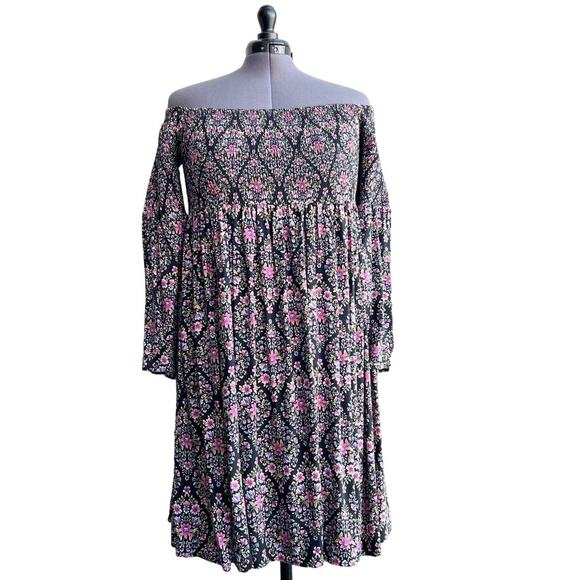 Torrid 0X Purple Pink Floral Off Shoulder Romantic Boho Bell Sleeve Dress - Picture 4 of 16